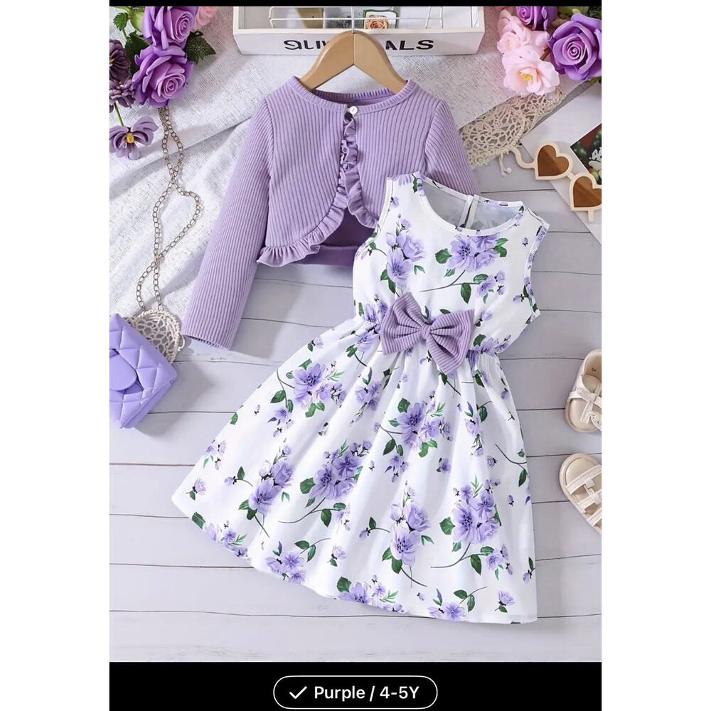Girls Dress with Cardigan In A Lavender Floral Print Size 4T Runs Small NWT
